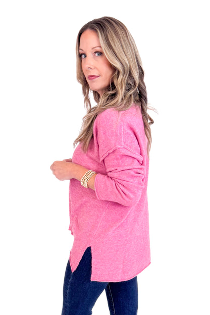 Forever Mood Pink Heathered V-neck Sweater by PINCH