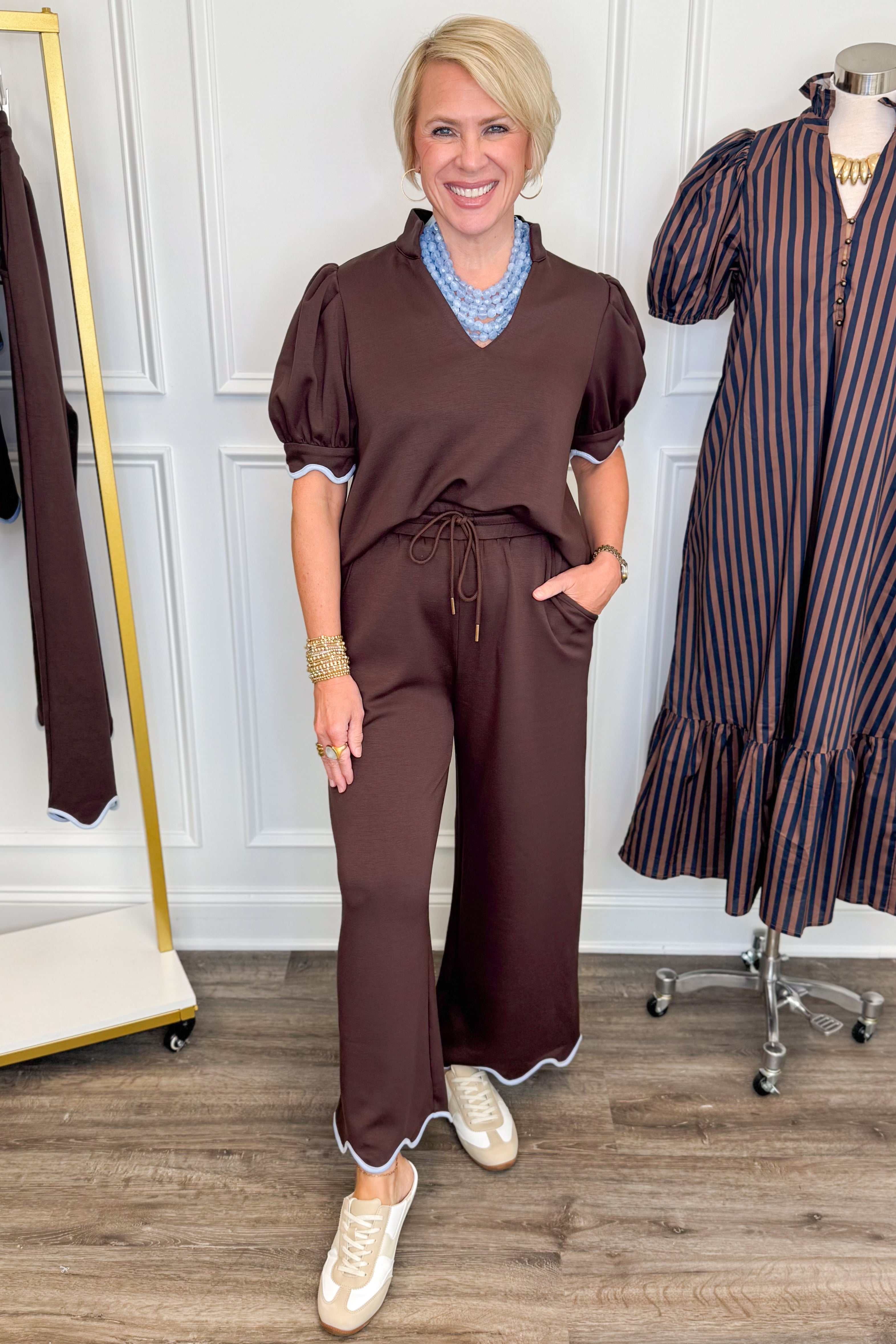 Chasing The Dream Brown &amp; Blue Scalloped Lounge Pants by Entro