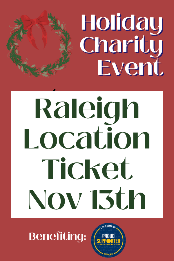 Holiday charity event ticket with text and a wreath on a red background