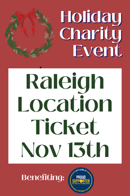 Holiday charity event ticket with text and a wreath on a red background