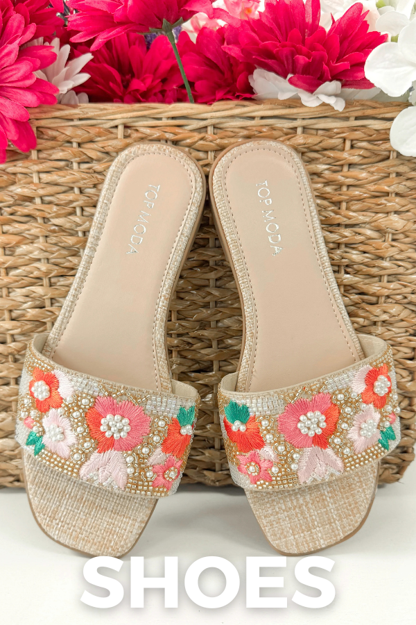 Colorful beaded sandals against a woven background with 'SHOES' text.
