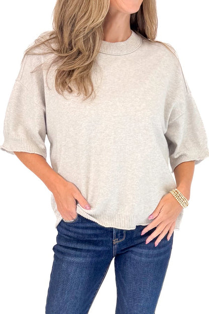 Soft Start Grey Drop Shoulder Short Sleeve Sweater by Fate