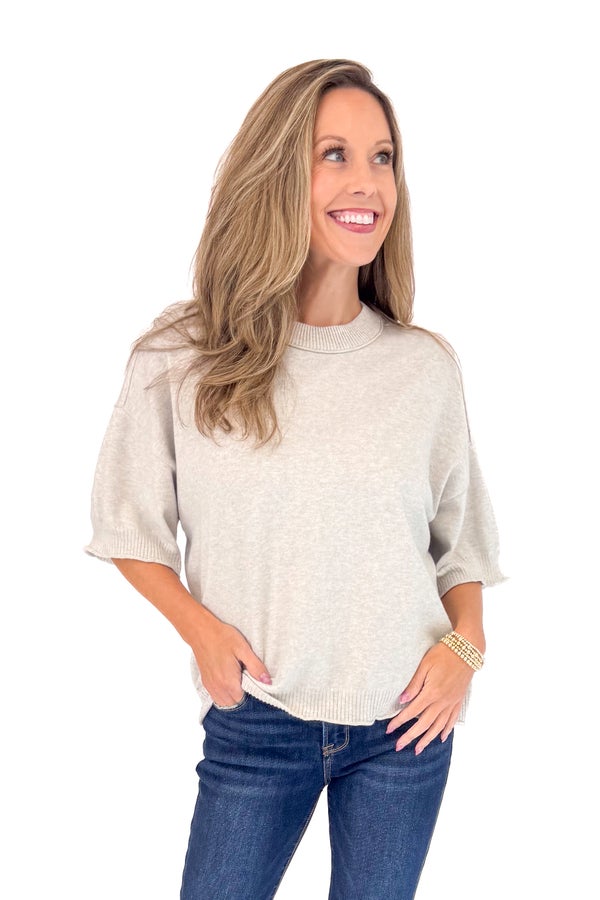 Soft Start Grey Drop Shoulder Short Sleeve Sweater by Fate