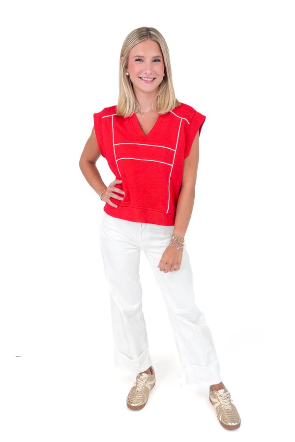 In the Red Zone Red Piping Detail Short Sleeve Sweatshirt by Entro