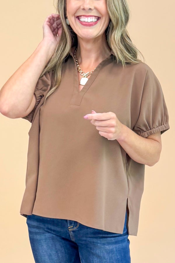 Hear Me Roar Mocha Collared V-neck Top
