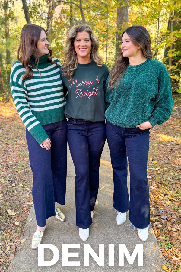 Three women standing outdoors in a forest, wearing green and navy outfits with 'Denim' text overlay.