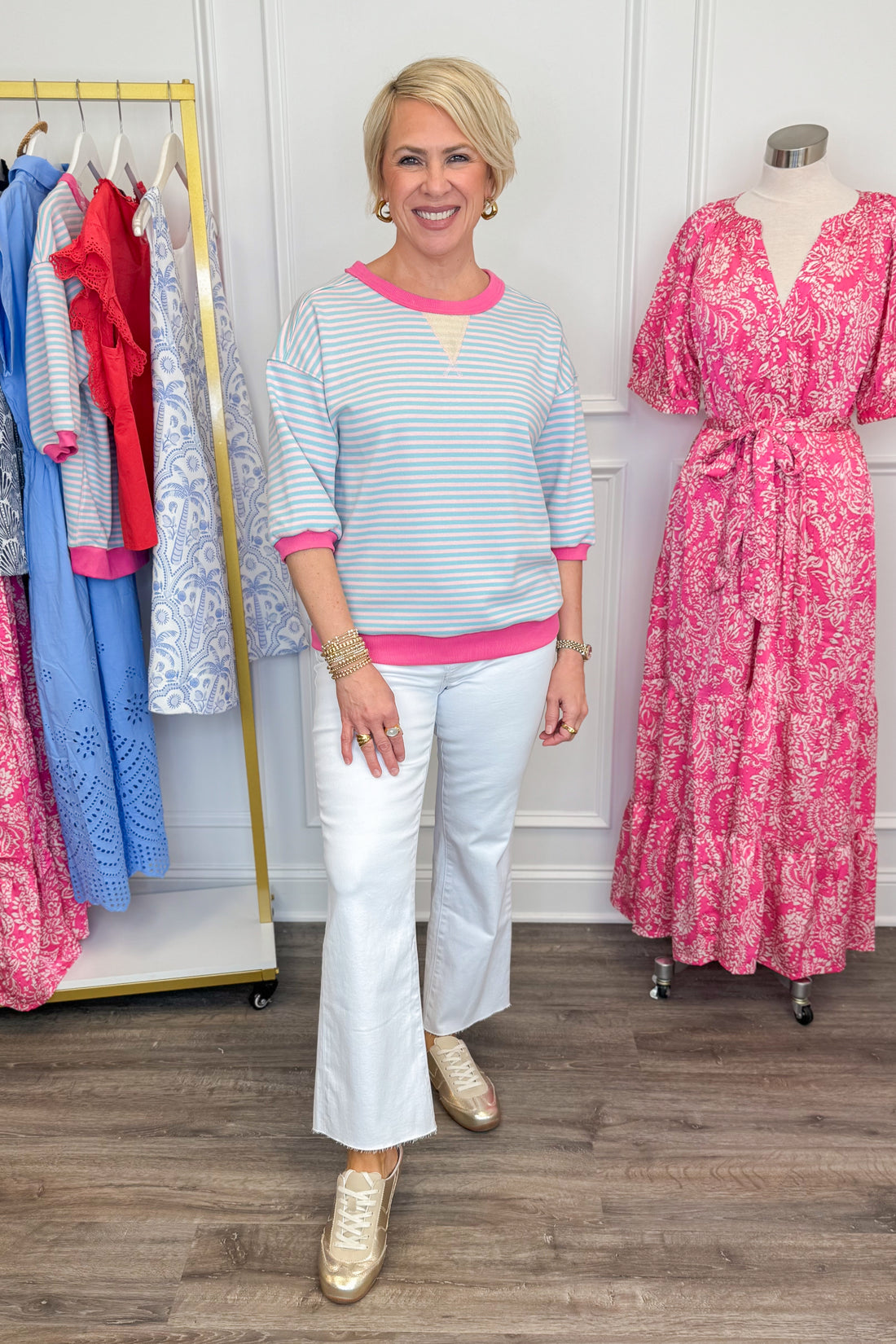 Just Another Daydream Pink &amp; Blue Striped Half Sleeve Sweatshirt