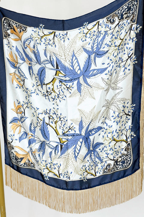 Fringe Detail Blue Floral with Navy Border Square Scarf