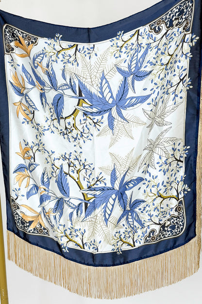 Fringe Detail Blue Floral with Navy Border Square Scarf