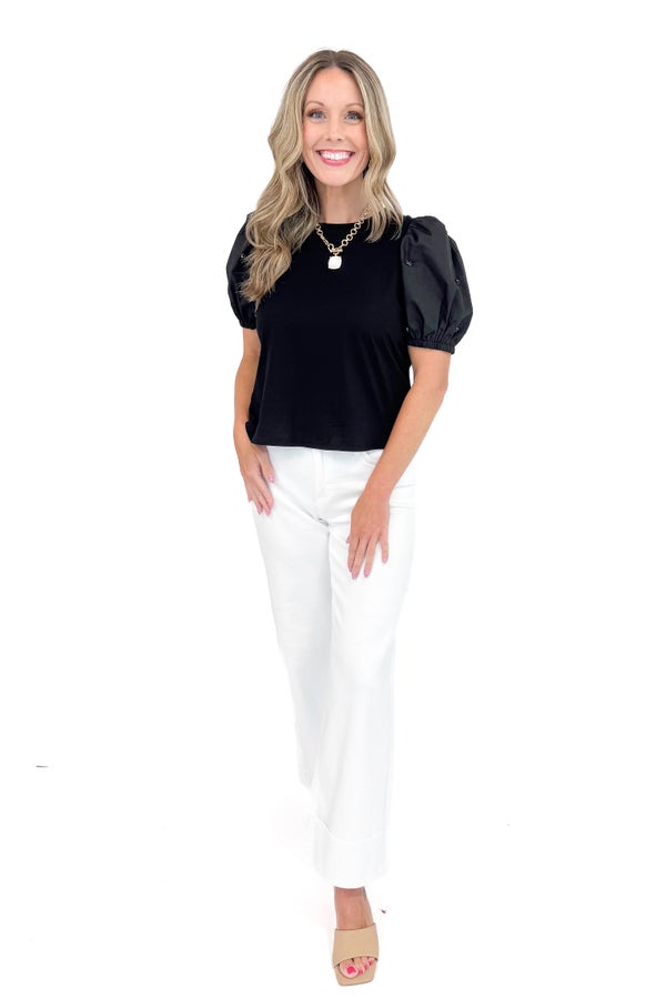 Royal Flush Black Rhinestone Puff Sleeve Top
