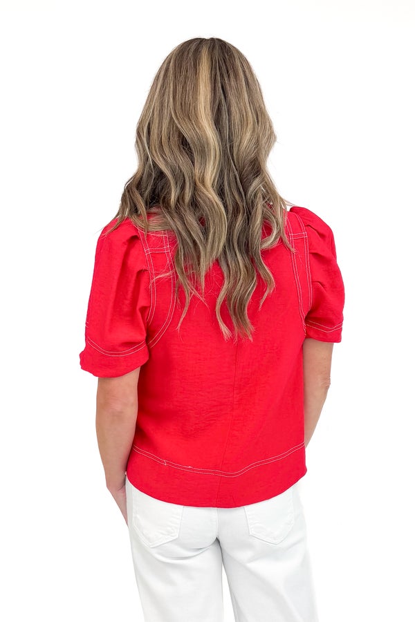 Friday Night Lights Red Stitch Detail Puff Sleeve Top by Entro
