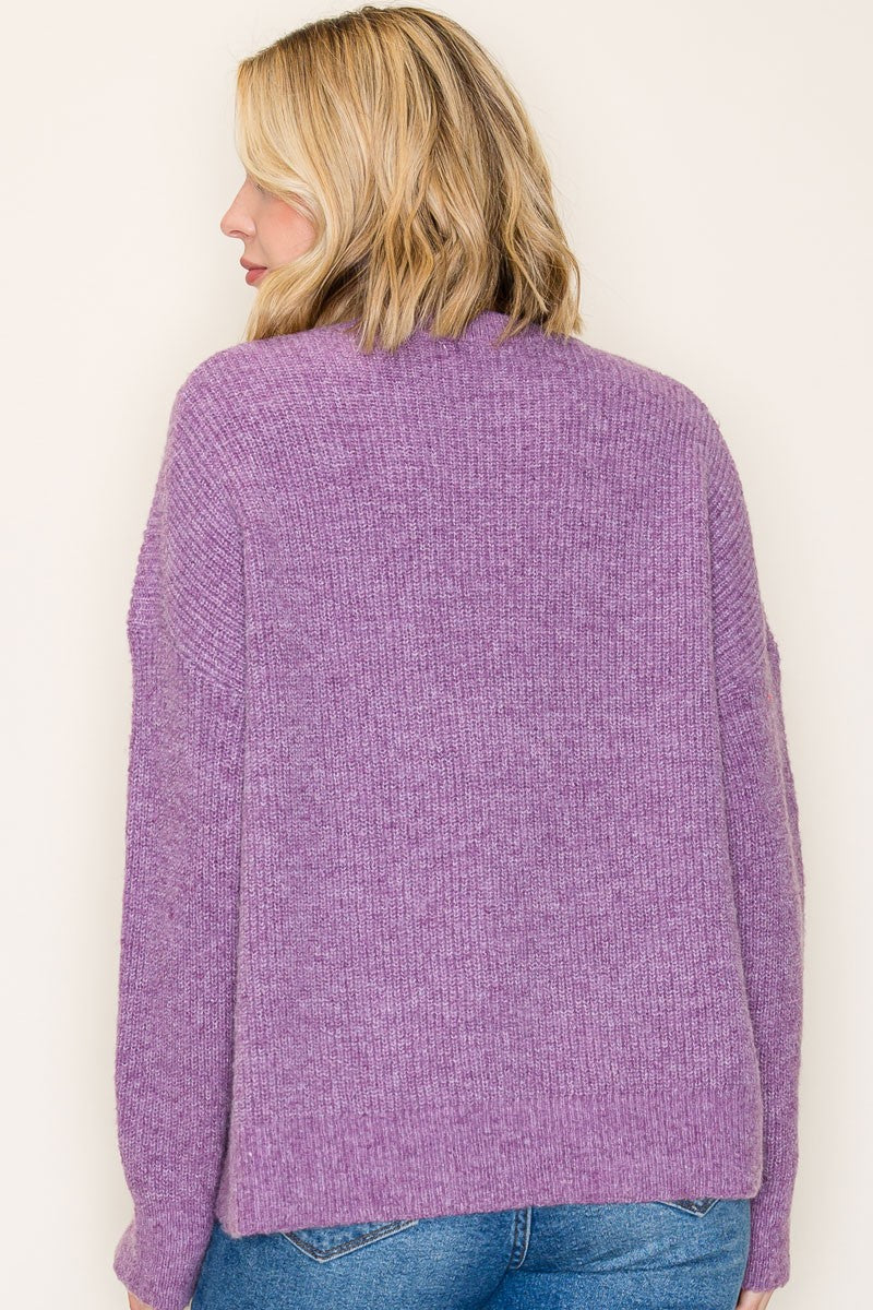 Just Wing It Heathered Purple Knit Sweater With Pocket