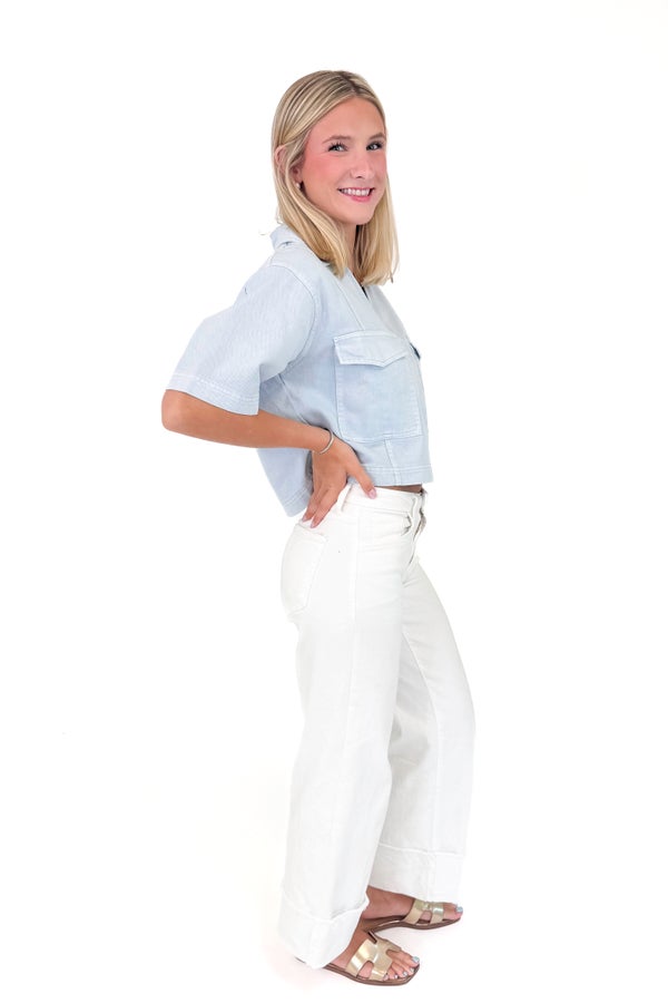 Mug Life Light Blue Double Pocket Denim Top