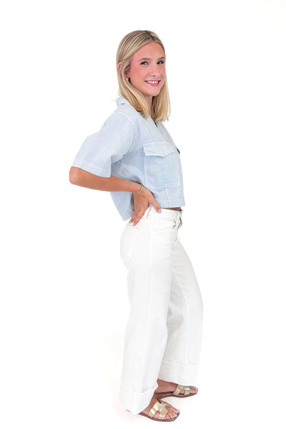 Mug Life Light Blue Double Pocket Denim Top