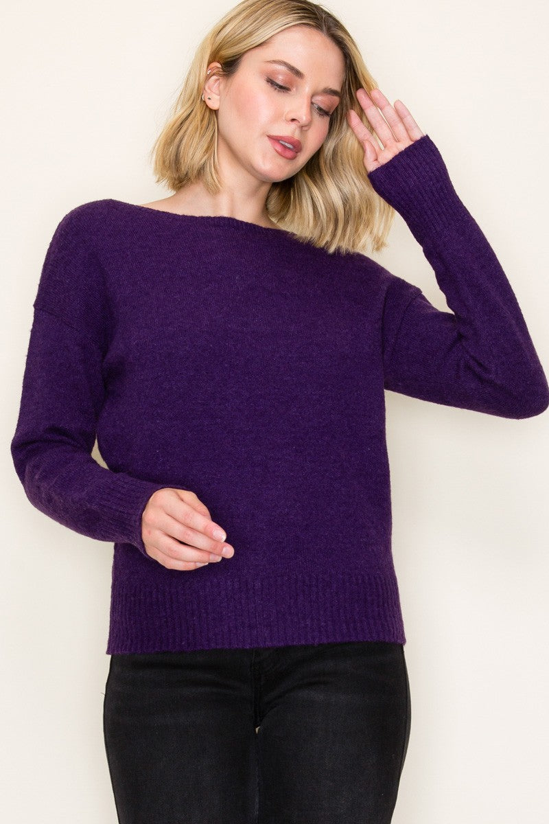 Don’t Wait Up Dark Purple Ribbed Hem Sweater