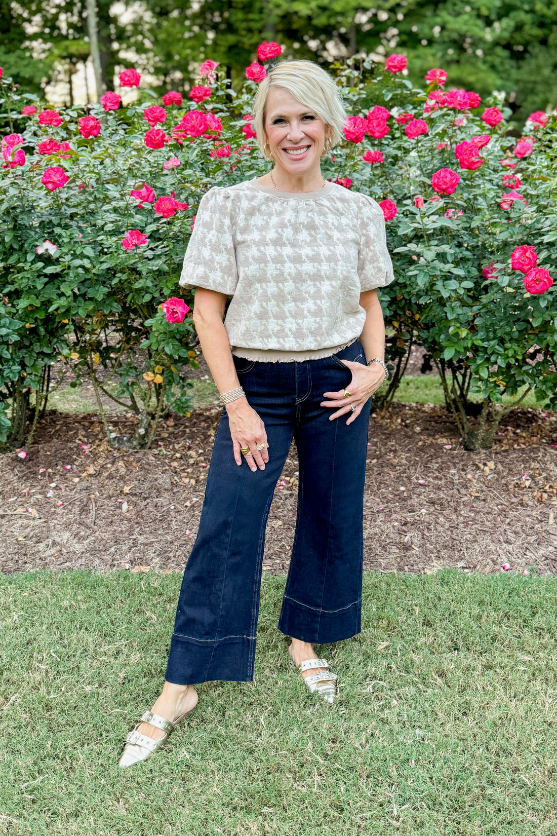 Just One Look Taupe & Cream Velvet Houndstooth Top