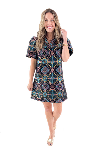 Front view of model wearing Black &amp; Multi Printed Jacquard Dress against white studio background.