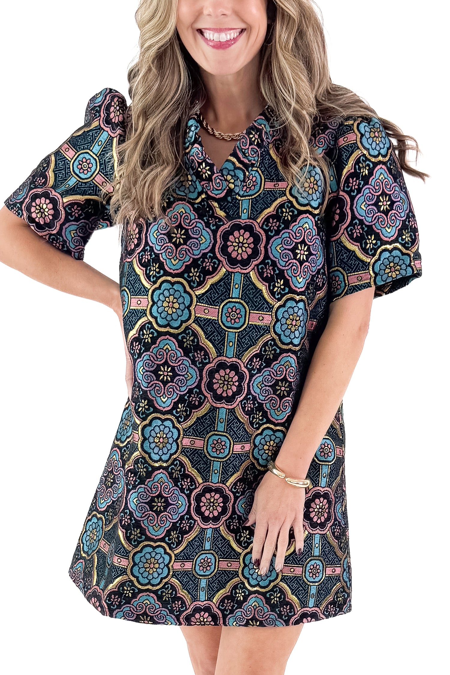 Front detailed view of model wearing Black &amp; Multi Printed Jacquard Dress against white studio background.