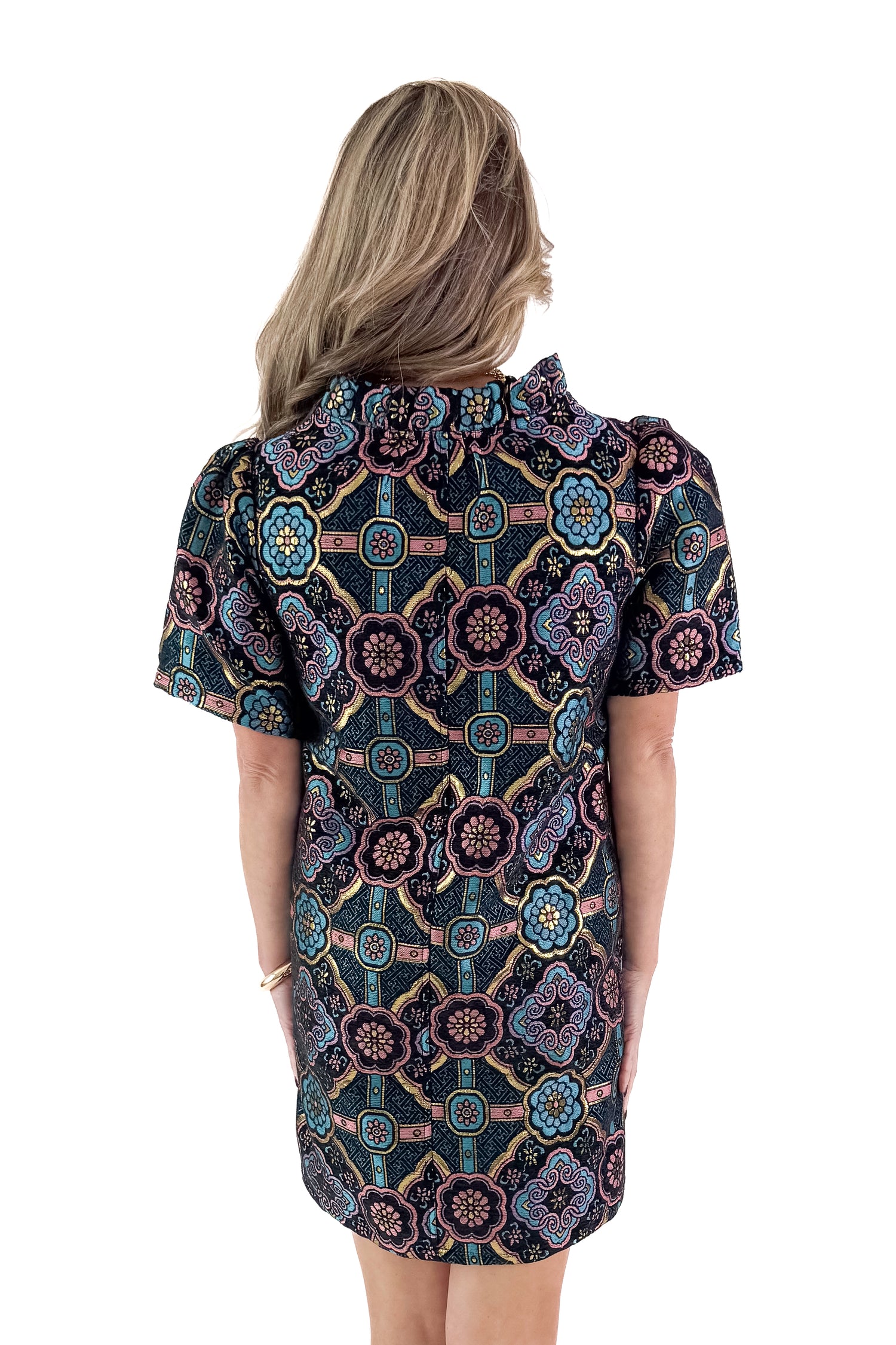 Back view of model wearing Black &amp; Multi Printed Jacquard Dress against white studio background.