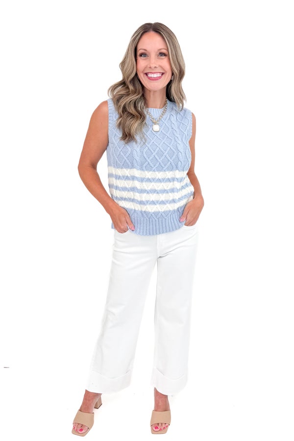 In The Pocket Light Blue &amp; Cream Cable Knit Sweater Vest by She + Sky