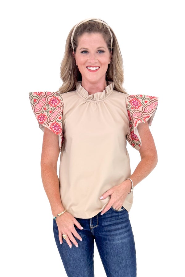 Grounds For Celebration Beige Faux Leather With Embroidered Sleeve Top by THML