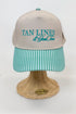 Beige cap with teal text on a white background