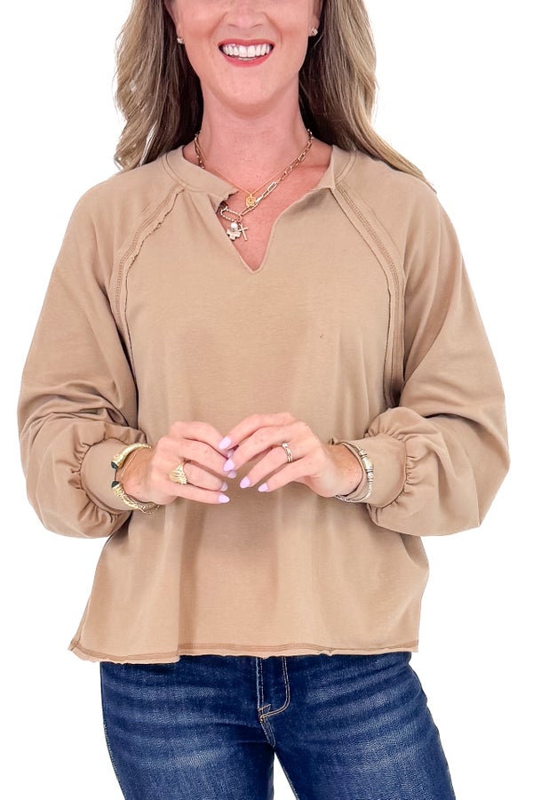 TAUPE V-NECK LONG SLEEVE TOP