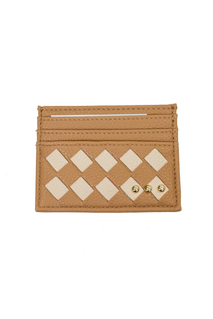A tan faux-leather card holder wallet featuring a pattern of alternating light beige and cream diamond-shaped patches on the front, with two small gold-tone studs on the lower right.