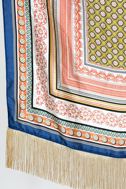 Fringe Detail Orange Mixed Pattern Square Scarf