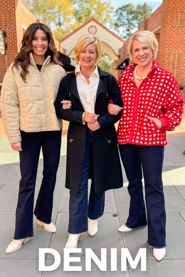 Three women standing together outdoors with 'DENIM' text overlay