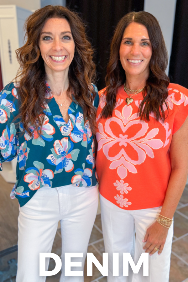 Two women wearing colorful tops with 'DENIM' text at the bottom.
