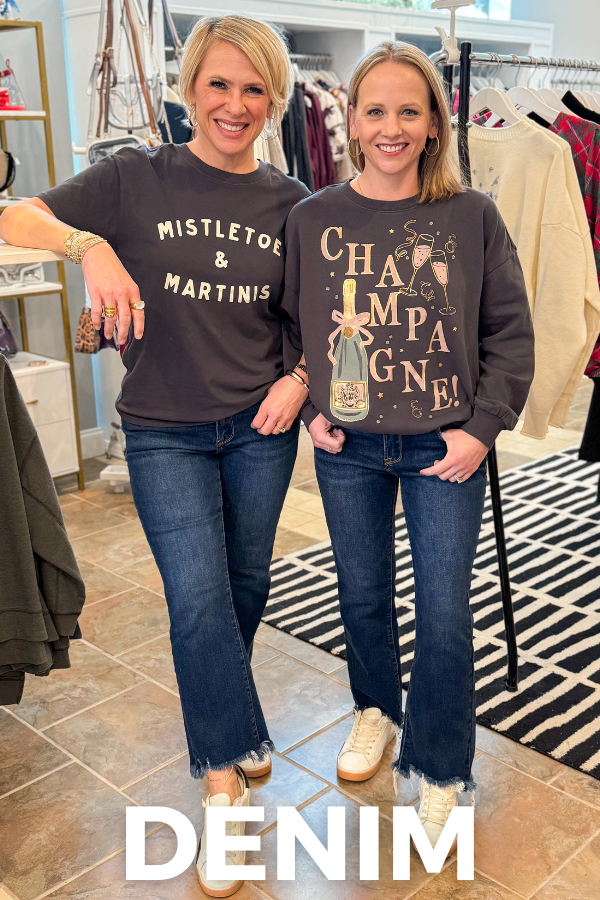 Two women wearing denim jeans and graphic tees in a store setting with 'Denim' text overlay.