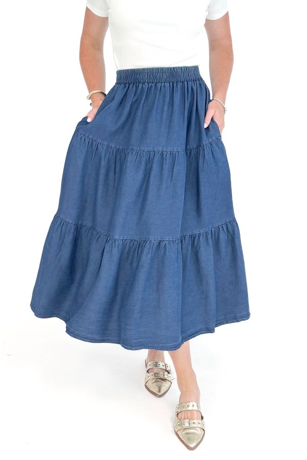 Daily Grind Denim Tiered Skirt by Entro