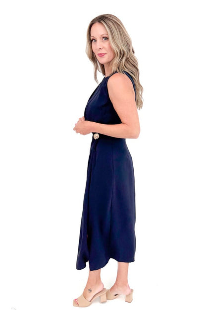Good To The Last Drop Navy Pleat Detail With Gold Accent Midi Dress by Entro
