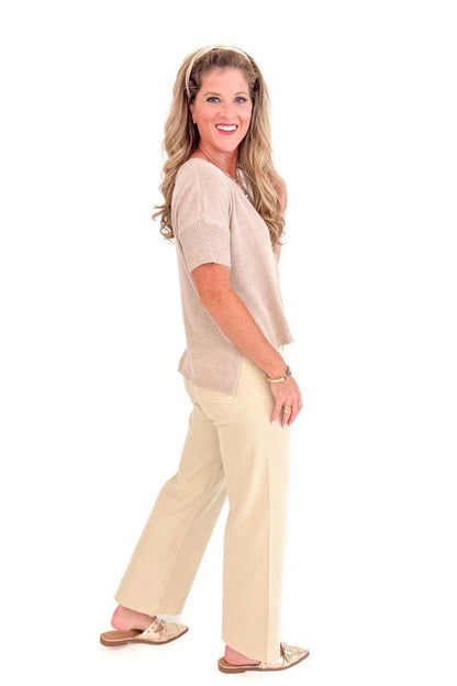 Cup Half Full Taupe Boatneck Short Sleeve Sweater