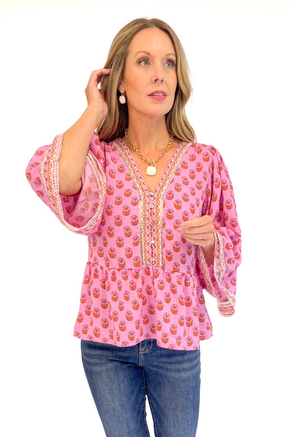 Monroe Top In Pink Floral Foulard by Mary Square