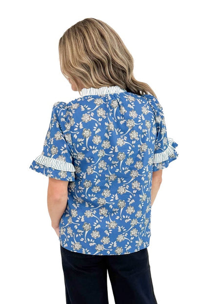 Freshly Brewed Blue Floral &amp; Stripe Detail V-neck Short Sleeve Top by Entro