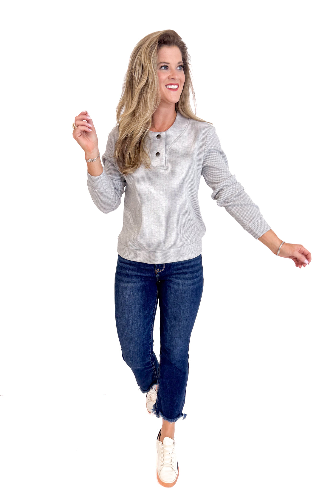 Head In The Clouds Grey Waffle Weave Button Detail Top by Doe & Rae