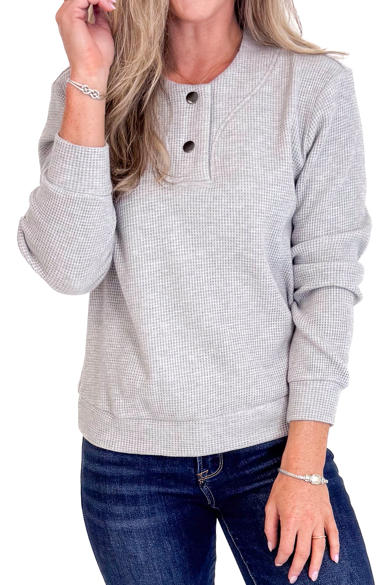 Head In The Clouds Grey Waffle Weave Button Detail Top by Doe &amp; Rae