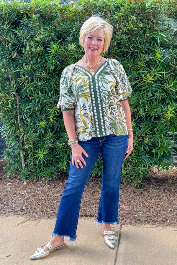 First Class Favorite Olive Floral &amp; Stripe Accent V-neck Top by Entro