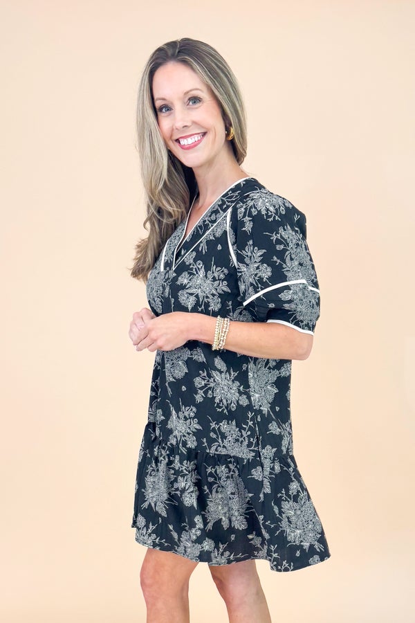 In Full Swing Black Floral V-neck Short Sleeve Dress by Entro