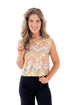 Front view of woman wearing Blush & Multi Sequin Tank Top with jeans against white studio background.