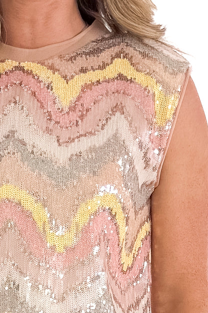 Front detailed view of woman wearing Blush &amp; Multi Sequin Tank Top against white studio background.