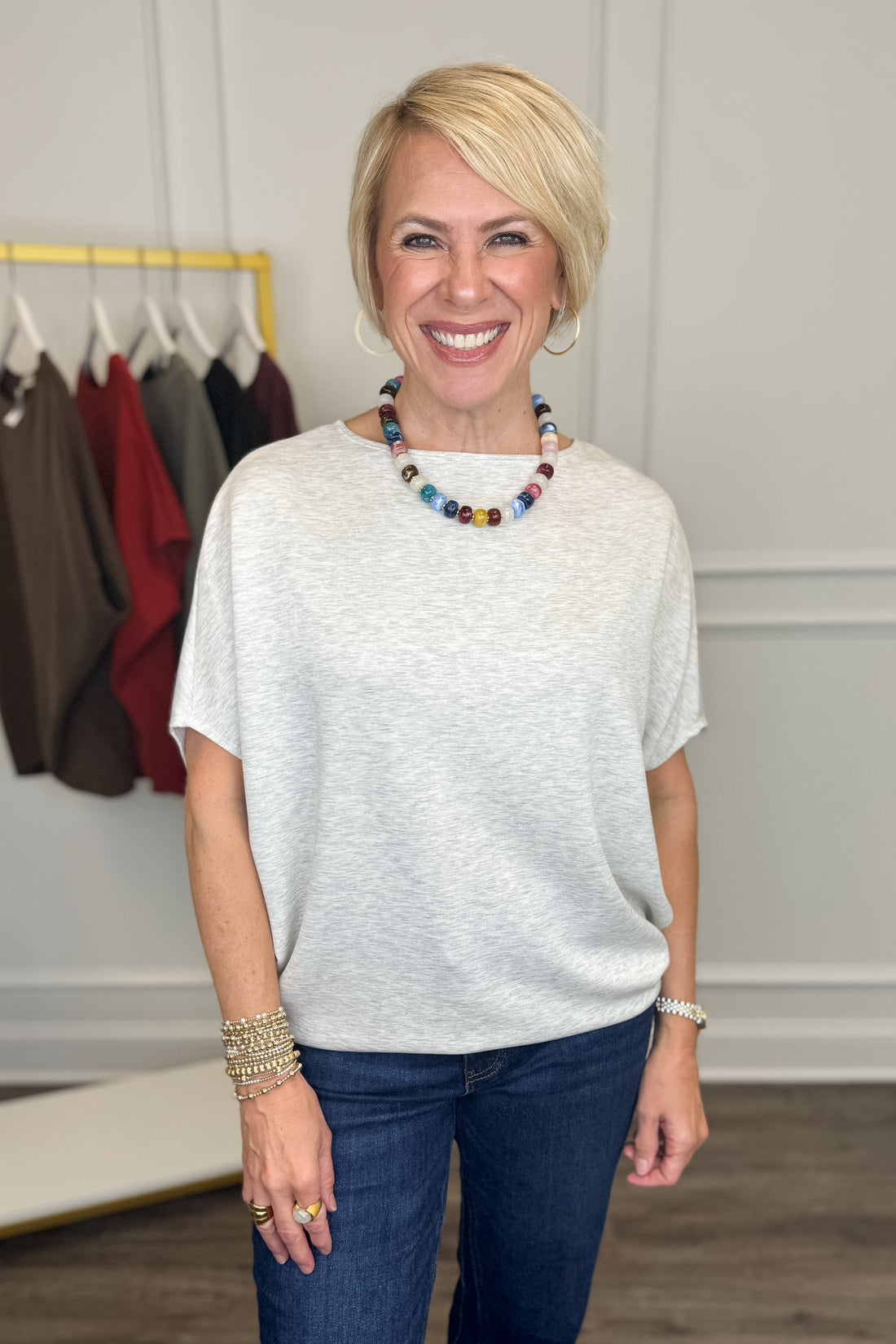 Talk Of The Town Light Grey Dolman Sleeve Top