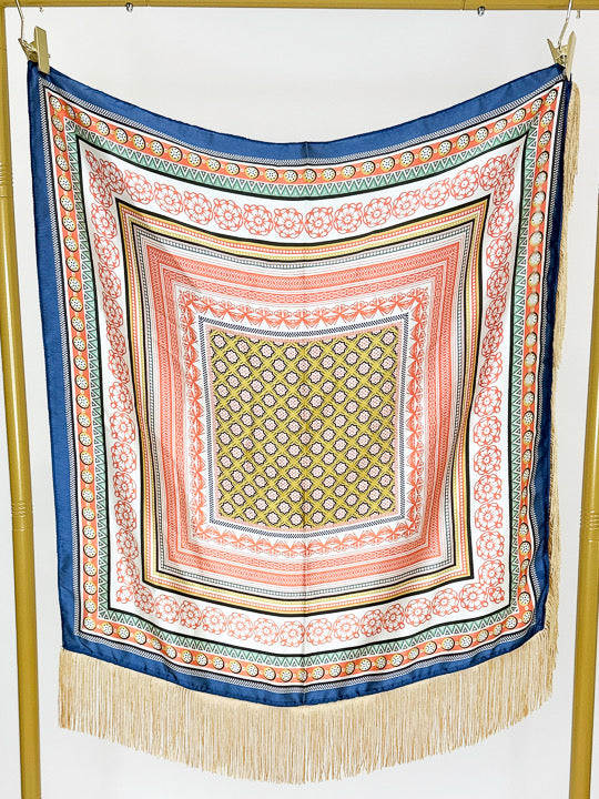 Fringe Detail Orange Mixed Pattern Square Scarf