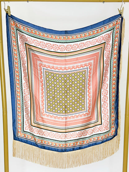 Fringe Detail Orange Mixed Pattern Square Scarf