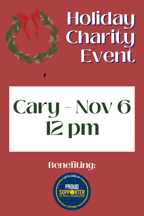 Advertisement for a holiday charity event with a wreath graphic and text on a red background.