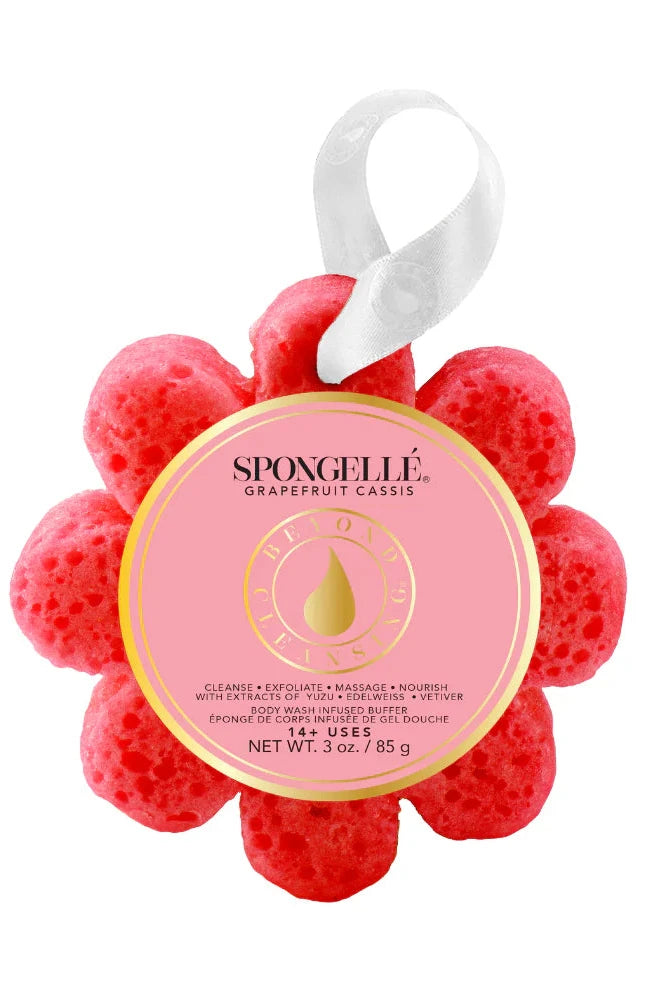 Red flower-shaped sponge with a pink label on a white background