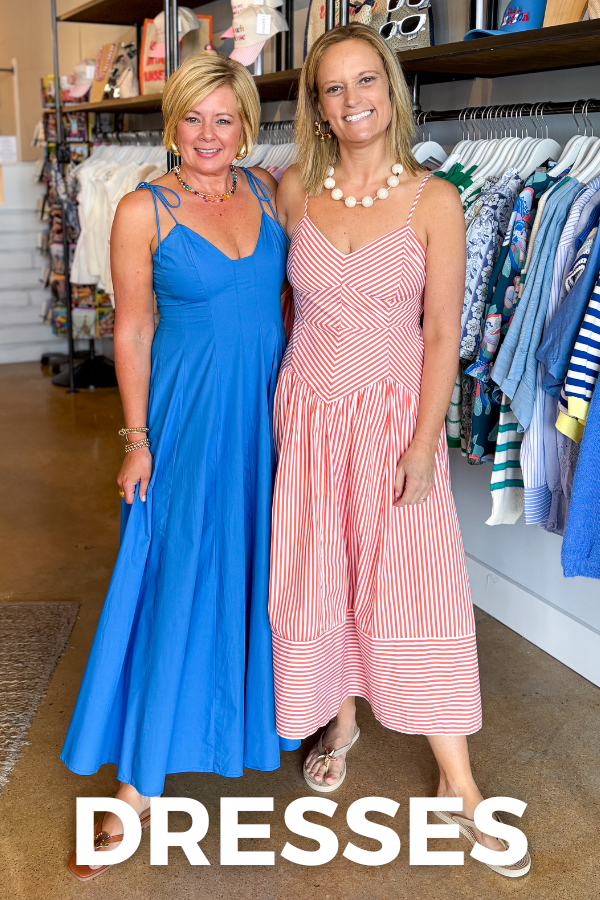Two women in dresses standing in a store with 'DRESSES' text overlay.