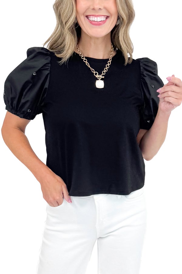 Royal Flush Black Rhinestone Puff Sleeve Top